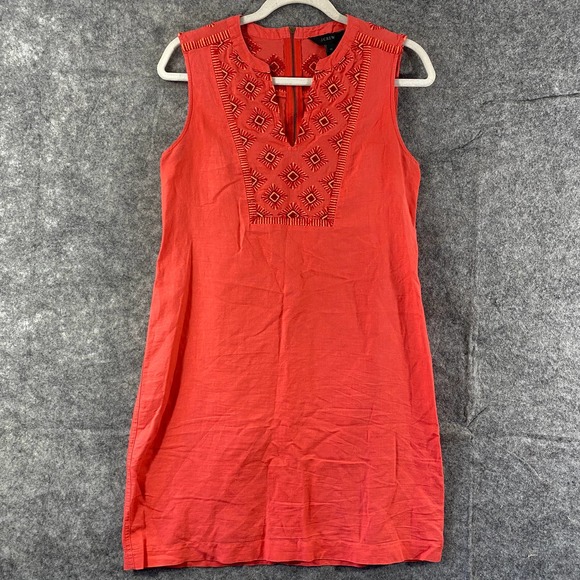 J. Crew Dresses & Skirts - J. Crew Mini Dress XS Coral Sleeveless Sunburst Embroidered Shift Linen Blend